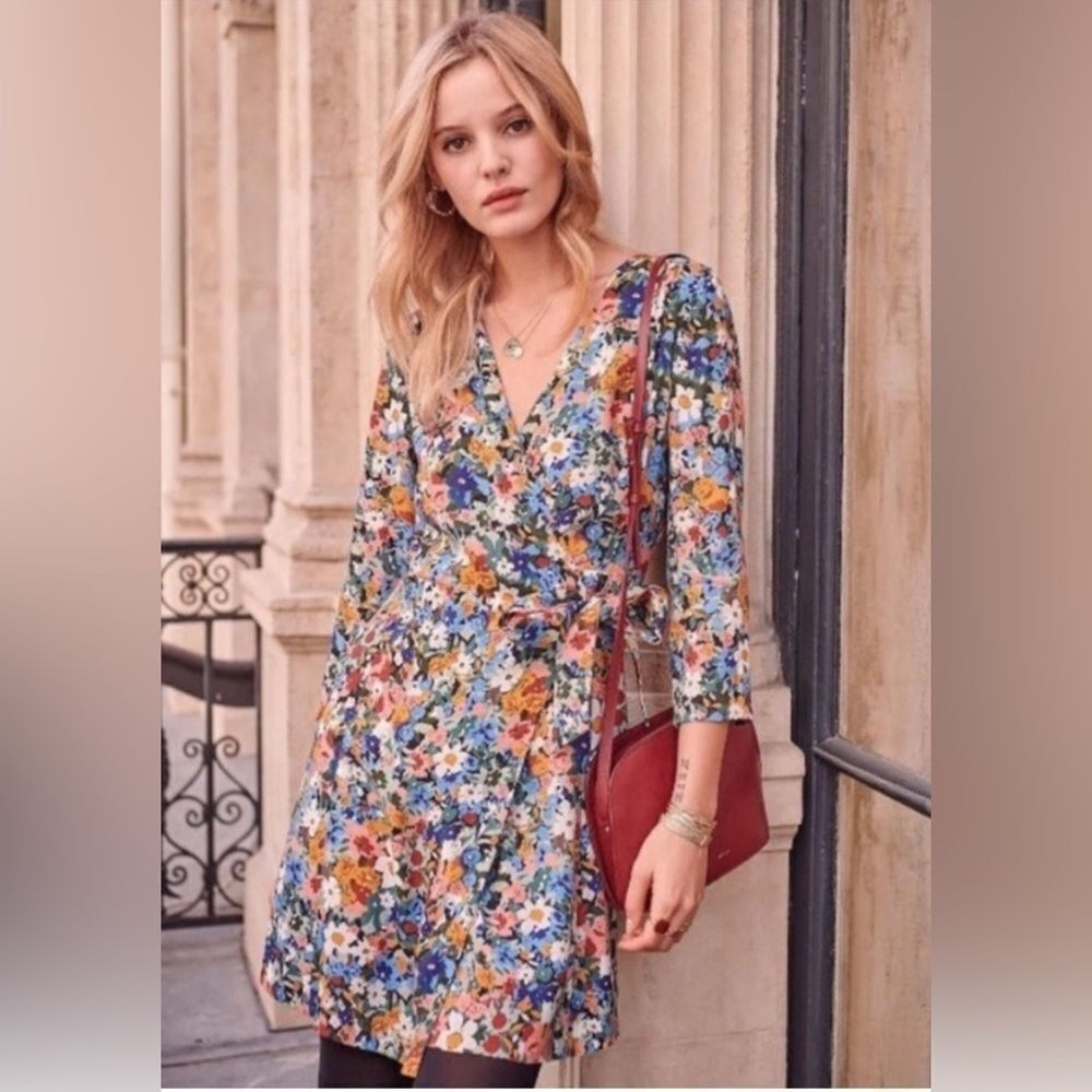 Sezane Nadia floral mini wrap dress. Lux Bohemian 42/10